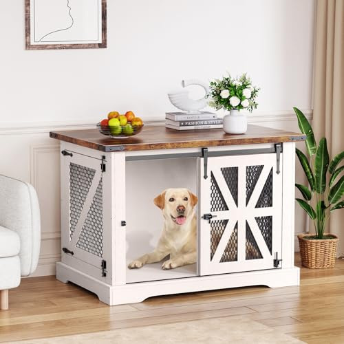 Dog Crate Furniture, 100cm Indoor Dog Crate, Three-Door Design with Sliding Door, Anti-Chewing and Anti-Escape, Wooden Dog House for Small and Medium Dogs, Bedroom, Living Room, White