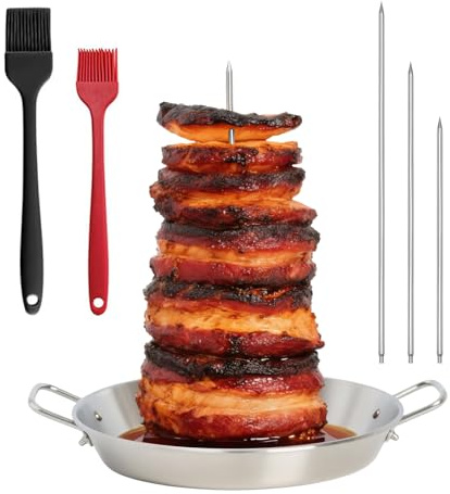 Yumzxin Vertical Grill Skewer Stainless Steel with Gyro Pan - Doner Kebab Maker for Oven Smoker BBQ - 2 Brushes & 3 Removable Spikes Included (8/10/12 inch)