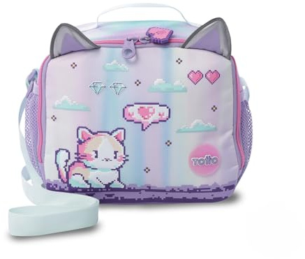 TOTTO - Bolsa Térmica Porta Alimentos 8L, Modelo Andy Cat, 24 × 20,5 × 18 cm, Asa de Mano, Correa Ajustable, Pasador para Mochila con Ruedas, Repelente a Líquidos, Color Rosa y Morado