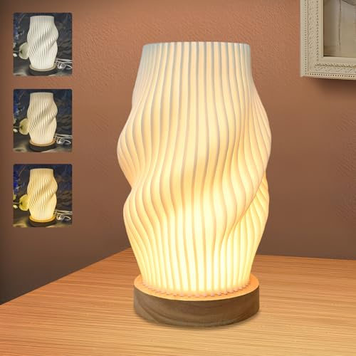 Holzsockel Nachttischlampe - 3 Modi & 9-Stufig Dimmbare LED Tischleuchte - Minimalistische Tischlampe mit Kabel für Schlafzimmer, Wohnzimmer, Nachttisch - Deko-Lampe mit Warmweiß/Kaltweiß Licht (C)