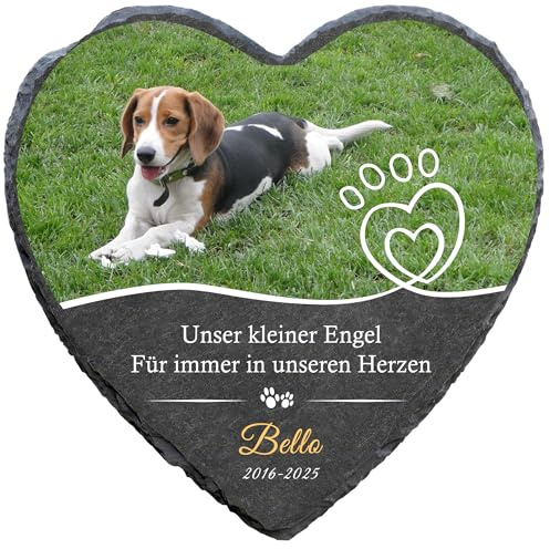 MOMGEGE Personalisierter Herz Haustier Gedenkstein aus Naturschiefer mit Foto Namen – Gedenktafel für Hund oder Katze – Liebevolles Trauergeschenk bei Tierverlust (001)