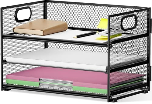 3-Stufiger Schreibtisch Organizer mit Griff, Metall Gitter Design Stapelbar Schreibtischablage, 3 Layer Ablagefächer Büro Papierablage für Ablage A4 Dateien, Bücher, Akten, Zeitungen & Dokumenten