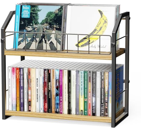 TJ.MOREE 2 Tier CD Holder, Desktop CD Storage Shelf with Display Top, CD Rack for Home Office, Holds Up to 60 Standard CDs, Ideal for Music Enthusiasts (Light Yellow)