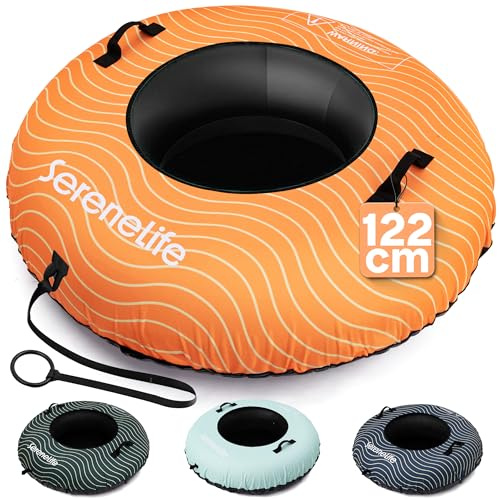 SereneLife Snowtube 101/112/122 cm – Trineo Inflable para Niños y Adultos con Base de Plástico Resistente, Cuerda de Arrastre y Diseño Deslizante para Nieve