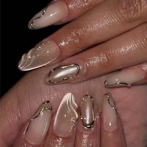 Cosblisvia 24 Stück Press on Nails für Damen, Nude Cat Eye Nägel zum Aufkleben, Kurze Mandel Kunstnägel mit Goldlinien, Wiederverwendbare Falsche Nägel für Alltag, Büro, Dinner