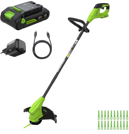Greenworks 24V Tagliaseta Brushless Gen2 (25 cm) – Altezza regolabile, per giardini piccoli/medi, 20 lame plastiche, batteria 2,0 Ah e caricabatterie – ST2502