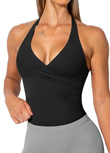TZLDN Women Halter Wrap Tank Top Gym Tops Backless Vest with Built in Bra for Yoga Pilates Running Black S