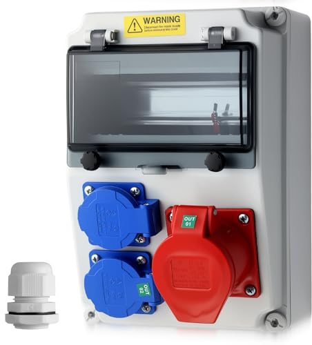 EYPINS Baustromverteiler, Leer Wandverteiler, 2x 230V Schuko-, 1x CEE-Steckdose 16A Stromverteiler IP66 Wasserdicht, flammhemmende ABS Verteiler für Innen und Außen Werkstätten Fabriken