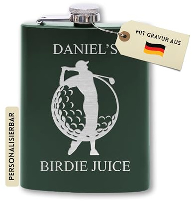 Flanacom Flachmann mit Gravur aus Edelstahl inkl. Trichter 227ml / 8oz Golf Spieler Alkohol Geschenke für Männer Flachmann Personalisiert mit Wunschgravur (Design 8, 8 Oz Grün)