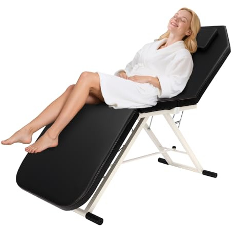 Guoked Camilla de masaje plegable de 3 zonas, 182 x 60 x 61 cm, acero, capacidad de carga de 250 kg, color negro, altura ajustable, mesa de masaje, silla de cosmética con reposacabezas, acolchado de