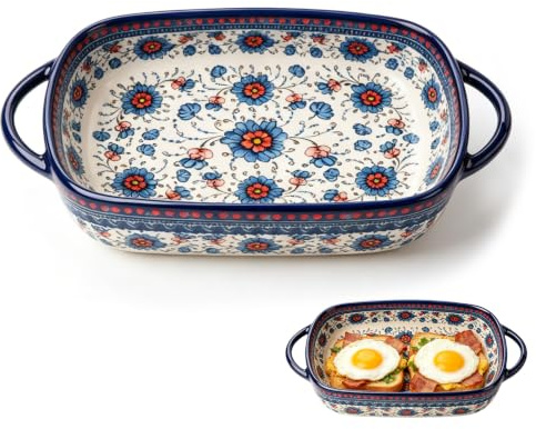 VETOLAKA Fuente pequeña: 33,6 x 19 x 7,1 cm, con asas de cerámica, molde de cerámica para horno para dos personas, aciano azul para hornear y servir