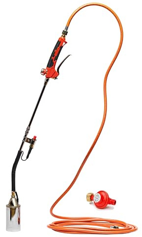 ROTHENBERGER Industrial brûleur de préchauffage en deux parties avec allumage piézoélectrique, tuyau propane 5 m et régulateur 4 bars – pour désherbage, bitume et travaux de flambage