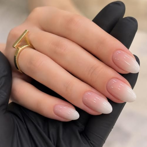 24 stycken gradient press på naglar – mandel, konstgjorda naglar korta – naglar för att klistra på rosa, naturlig tonande design – full täckning, kvadratiska, falska naglar för kvinnor och flickor