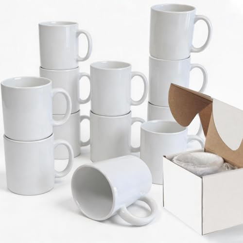 Sulwena White Coffee Mugs Set of 12 | 11oz Blank Sublimation Mugs with Boxes | AAA Gloss Ceramic Tea Cups with Large Handle for Heat Press Printing DIY Personalised Gifts