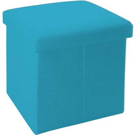 INTIRILIFE Faltbarer Sitzhocker 38x38x38 cm in Himmel BLAU - Sitzwürfel mit Stauraum und Deckel aus Stoff in Leinen Optik - Sitzcube Fußablage Aufbewahrungsbox Truhe Sitzbank