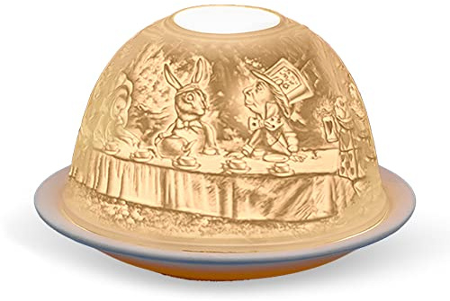 Light-Glow Tealight Candle Holder - Alice in Wonderland LD90081, White, Approx. H8 x Ø12cm or H3.2 x Ø4.7 | Hand-finished porcelain, embossed Alice in Wonderland design, real flame or LED, ~7.5cm, family & pet safe