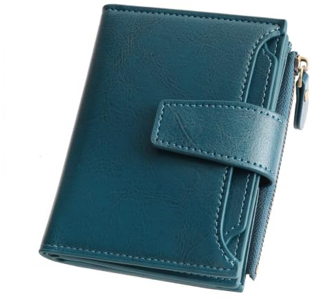 GOIACII RFID Women's Wallet Small Ladies Credit Card Holder Leather with Zipper Pocket 4 ID Windows Wax Teal