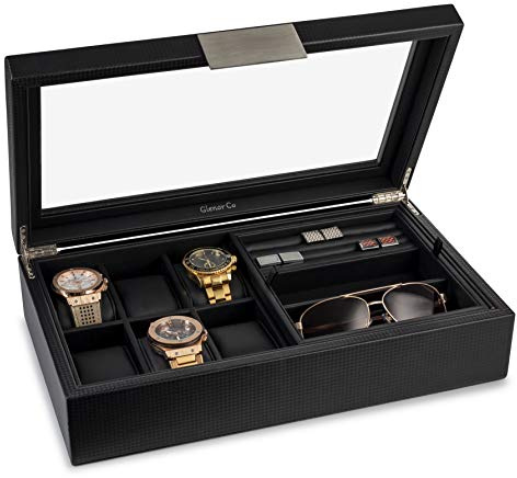 Glenor Co Valet - Joyero para hombre, capacidad para 6 relojes, 12 gemelos, 2 lentes de sol y bandeja de almacenamiento, organizador de fibra de carbono con detalles de metal, piel sintética y tapa de