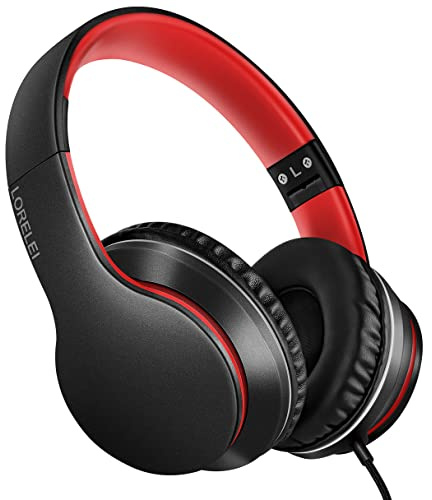 LORELEI X6 Over-Ear Headphones with Microphone, Lightweight Foldable & Portable Stereo Bass Headphones with 1.45M No-Tangle,Wired Headphones for Smartphone Tablet MP3 / 4 (Black-Red)