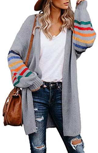 Dokotoo Chunky Cardigan Sweaters for Women Women's Balloon Long Sleeve Sweaters Loose Flowy Knit Striped Color Block Open Front Cardigans Outwear Coat Autumn Winter Clothing for Women 2025 Gray XL