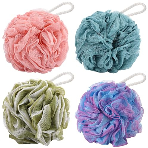 BTYMS 4Pcs Loofah Sponge 60g/pc Bath Puffs Shower Scrunchies Mesh Pouf for Shower