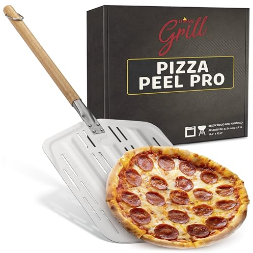 Hans Grill Pizza Peel PRO | Made for XL Pizza 12 inch + | Professional Restaurant Grade Perforated Metal Non-Stick Paddle for Launching, Turning and Retrieving Pizzas