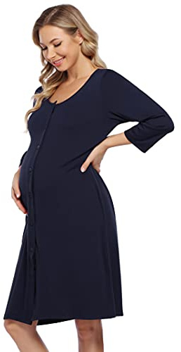 KOJOOIN Dam födelse amningsnattlinne pyjamas graviditet pyjamas nattkläder med genomgående knappslå (förpackning återanvändbar), Mörkblå A (långärmad), XXL