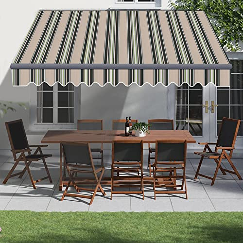 Green Bay 3.0m x 2.5m Manual Awning Retractable DIY Patio Awning Gazebo Canopy Outdoor Patio Garden Sun Shade Shelter with Fittings and Crank Handle - Multi Stripe