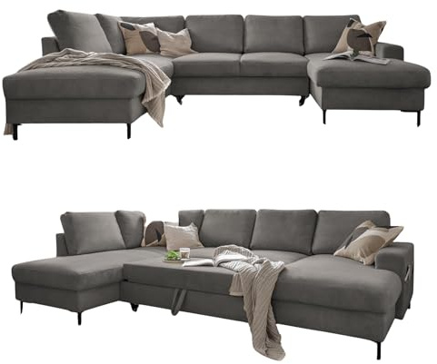MIUFORM Lofty Lilly, 8 Sitzer Ecksofa mit Schlaffunktion, Links, Hellgrau | Sofa mit Schlaffunktion, Schlafsofa mit Bettkasten, Wohnlandschaft U Form, 303x197x84cm, Couch mit Schlaffunktion, Sofa Bed