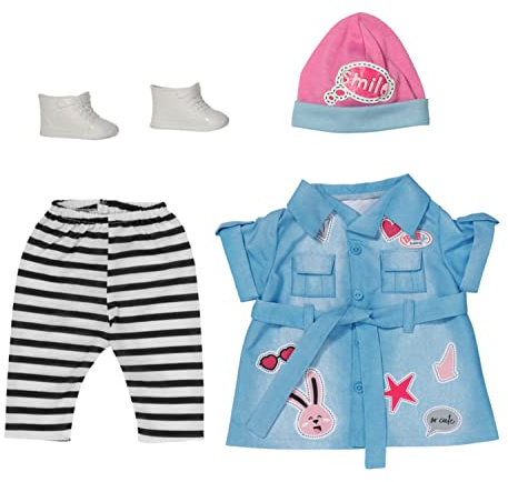 BABY born 835258 Deluxe Jeans Kleid 43cm - Puppenkleidung Set mit Puppenkleid, gestreifter Leggings, rosa Mütze und Schuhen.