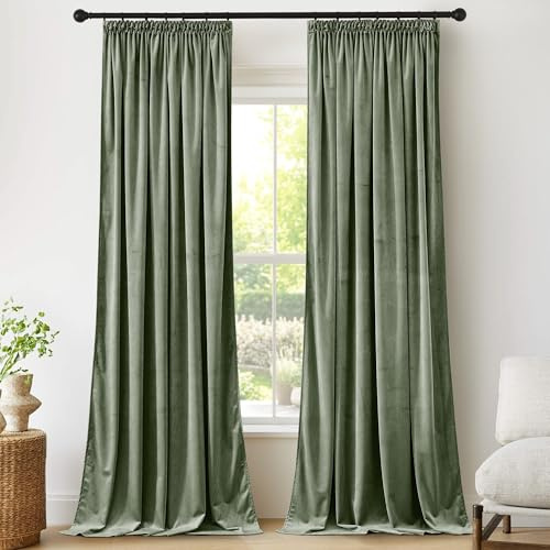PONY DANCE Sammetsgardin, gardin set med 2 paneler, mjuk finett, opacitet, fönsterdekoration, veckband för hem, sovrum/vardagsrum/kontor, hotell, B 132 x H 240 cm, 2 st, celadon