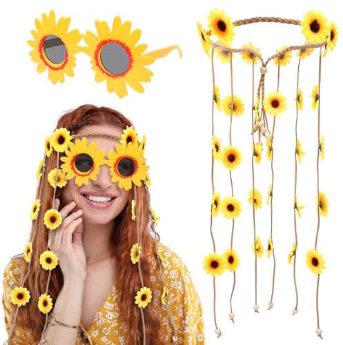 LOHAME 2 Stück Hippie Kostüm Set Sonnenblumen Haarschmuck Sonnenblume Sonnenbrille Hippie Accessoires Retro 60er 70er Kostümzubehör Blumen Stirnband Partybrille für Damen Mädchen Fasching Karneval