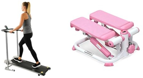 Sunny Health & Fitness Foldable Manual Treadmill, Compact Cardio Fitness + Exercise Stepping Machine, Portable Mini Stair Stepper for Home, Desk or Office Workouts (Pink) - P2000