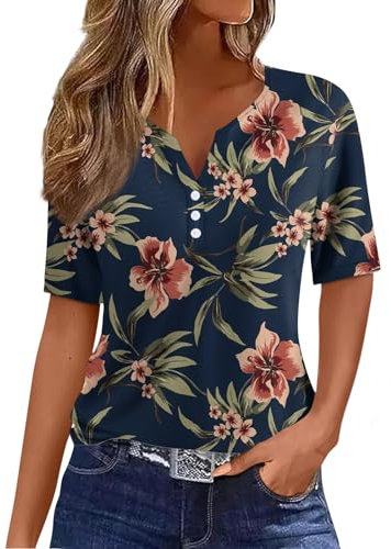 RMBLYfeiye Hawaii Hemd Glitzer Oberteile Damen Crop Shirt V-Ausschnitt Blumen Bedruckt Blusenshirt Mit Knopfleiste Henley Locker Laufshirt Hemdbluse Festliche T-Shirt Kleid
