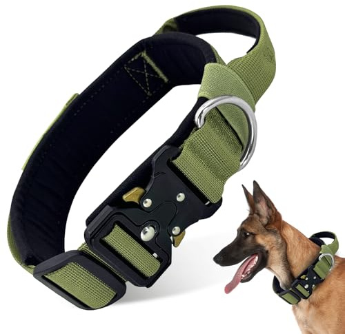 Taktiskt hundhalsband, justerbart hundhalsband med kontrollhandtag, slitstarkt metallspänne, för medelstora stora hundar utomhusjakt träning (armégrön, L)
