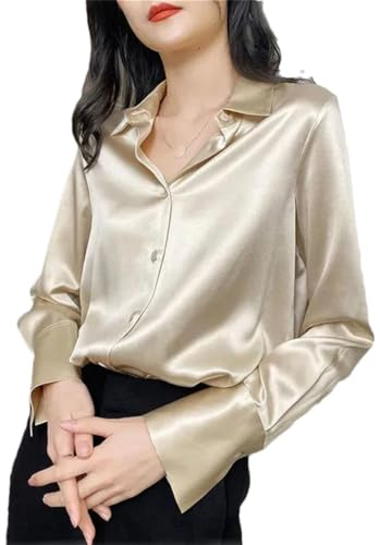Vsadsau Women's Satin Shirt Solid Color V Neck Long Sleeve Office Loose Buttons Down Blouses Tops champagne L
