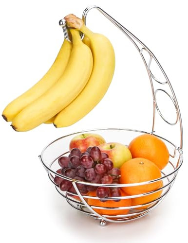 Exzact Frutero con Gancho para Plátanos, Cesta de Frutas de Alambre, Estante para Frutas de 41 cm de Altura, Acabado en Cromo Plateado