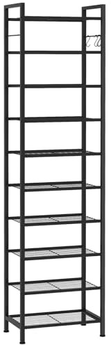 usikey 10 Tiers Narrow Shoe Rack 20-30 Pairs, Sturdy Metal Tall Shoe Rack Shelf with 4 Hooks, Slim Shoe Storage with Metal Shelf, Space Saving Vertical Shoe Organizer for Entryway Black UNYXJX018H