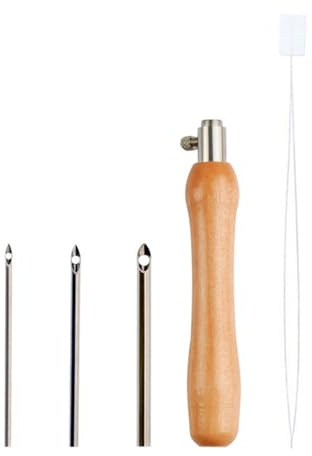 Lerpwige Stanznadel-Set mit Holzgriff, Stickstift mit 3 Nadelkopf und Einfädler für Hobbyisten, Sticken, Basteln