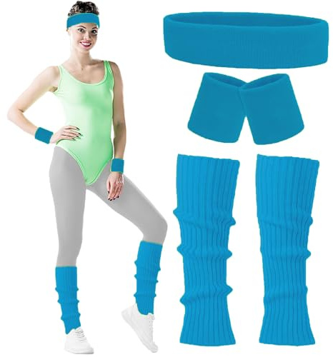Carnavalife Costume anni '80 Donna Adulto con Fascia per Capelli+Braccialetti+Scaldamuscoli Colore Neon Gym, Accessori Anni 80, Fasce Nastri Sportivi 80S (Celeste)