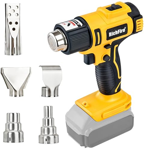 RichFire Wireless Heat Gun, 350W 300°C - 550°C, Fast Heating, Heat Gun for Dewalt 20V Battery, 5 Nozzles for Bending Pipes, Shrinking PVC, Stripping Paint (Tool Only,