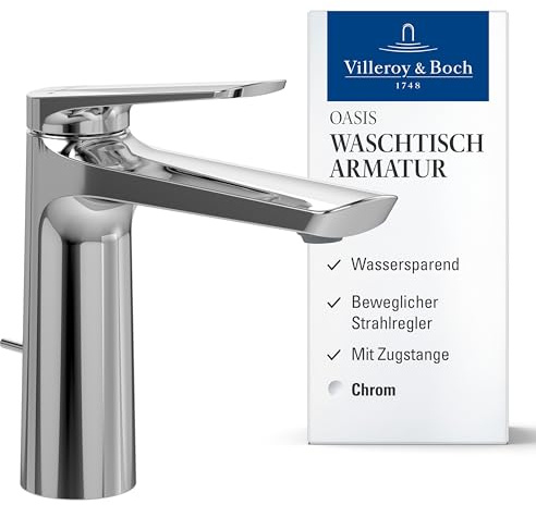 Villeroy & Boch Oasis Waschtischarmatur, mit Zugstange, Höhe 114 mm – Chrom | Keramikkartusche, wassersparend, pflegeleicht, rundes Design, TVW11500100061