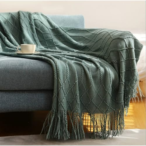 AQCQDQ Sofadecke Boho Decke Strick Decke, Decke für Betten Gestrickte Sofadecken Klimaanlage Quaste, Wendedecke Kuscheldeck, Boho Vintage Decken (grün,127 x 152 cm)