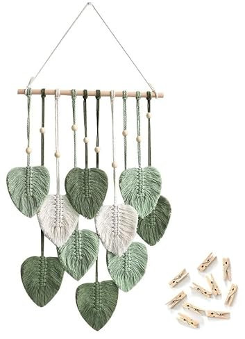 SZETOSY Arazzo macramè con foglie verdi, arazzo bohémien decorativo in cotone e legno, 40L x 10l cm, per stanza dei bambini