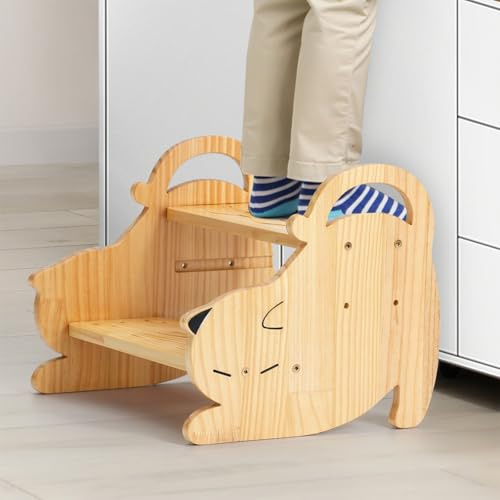 COSYLAND Sgabello per bambini con manico, regolabile in altezza, in legno, per addestramento al vasino, bagno, cucina, stabile e antiscivolo (a forma di gatto)