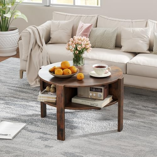 GOPLUS Mesa de Centro Redonda de 2 Niveles, Mesa de Café de Madera con Compartimiento Abierto, Almohadillas Antideslizantes, Mueble para Salón, Oficina, Sala de Espera, Carga 60 kg (Marrón)