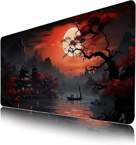 Tapis de Souris de Jeu 900x400x2mm Grand Tapis de Souris XXL sous-Main Bureau Gamer Large avec Base antidérapante et Bords Cousus pour Gaming, Maison (Tour du Lac Moon)