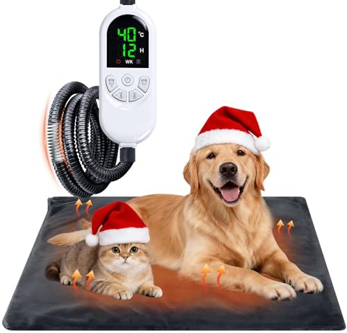 Qoosea Tapis Chauffant Chat Chien, Couverture Chauffante Animaux avec Minuterie Auto Off Réglable Température 30-60°C, Imperméable Couverture Chauffante Electrique avec Câble Anti-Morsures-45 * 70CM
