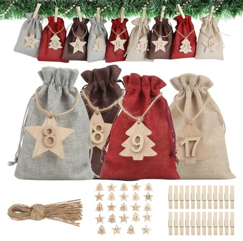 Calendario Adviento para Rellenar, 24pcs Bolsas Calendario Adviento Vacio, Bolsas Calendarios Advientos, Bolsa Regalo Navidad, Bolsa de Calendarios de Advientos de Tela DIY (B)