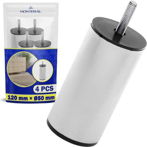 4x Piedino Mobili Cilindrica 120mmxØ50 Piede per Mobili Plastica e Acciaio